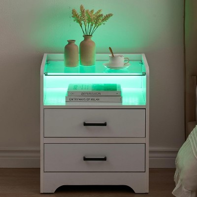 LED Night Stand with 2 Drawers – Modern Side Table with Glass Top for Bedroom & Living Room