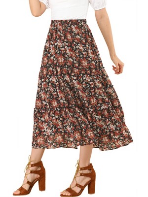 INSPIRE CHIC Women's Floral Elastic Waist Tiered Ruffle Boho Midi Skirts