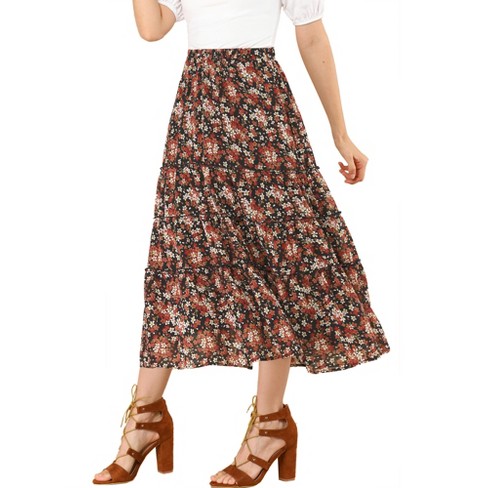 Allegra K Women's Floral Elastic Waist Tiered Ruffle Boho Midi Skirts ...