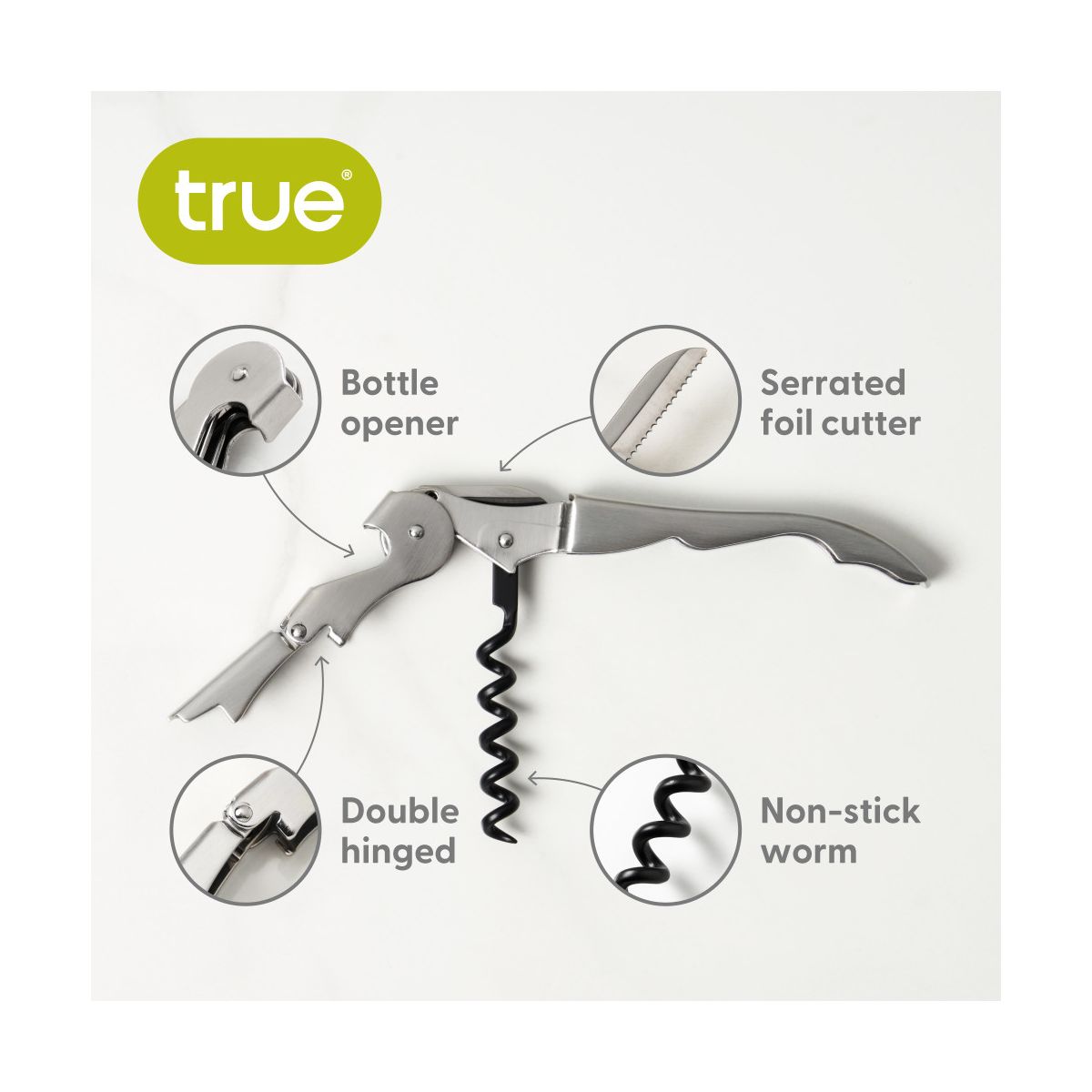 True Truetap Double Hinged Corkscrew Wine Opener, Stainless Steel Wine Key, Built-in Bottle Opener & Foil Cutter, Home Bar, Wedding Gifts, Silver - thumbnail 2