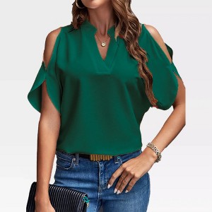 Womens Short Sleeve Blouse V Neck Clod Shoudler Tops Summer Casual Tops - 1 of 3