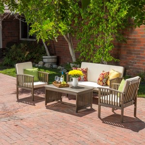 Christopher Knight Home Navan Outdoor Acacia Wood 4 Seater Chat Set with Water-Resistant Cushion - 1 of 4