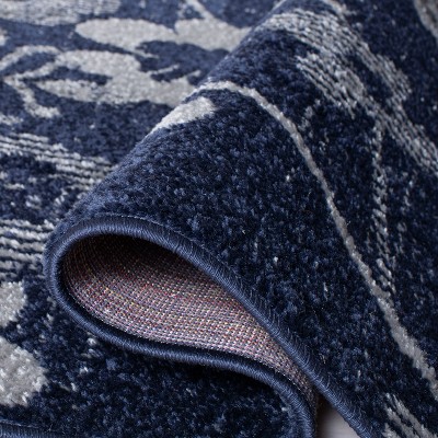 Chic Navy and Silver Synthetic 2'6" x 12' Floral Runner Rug
