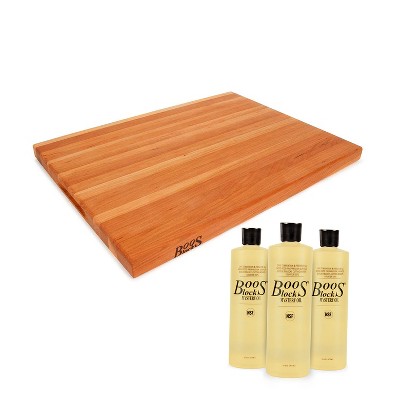 John Boos Reversible 24 x 18" Cherry Wood Cutting Board Block w/ Handles, Bundle w/ 3 Pack of 5 Ounce Mystery Oil Butcher Block Board Maintenance Oil