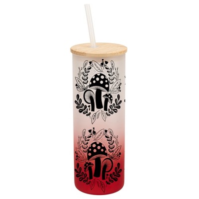 Elanze Designs Woodland Mushroom Flowers Wrap-Around Design 25 Ounce Frosted Gradient Glass On-The-Go Coffee Travel Skinny Tumbler Mug Cup, Bamboo Lid
