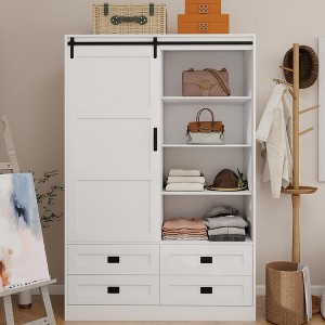 QingMoon Wooden Wardrobe Closet with Sliding Barn Door, Freestanding Clothing Storage Cabinet with 4 Drawers and Hanging Rail for Bedroom - 1 of 4
