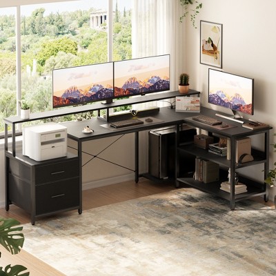 Aheaplus L-Shaped Computer Desk with Drawers and Monitor Shelf