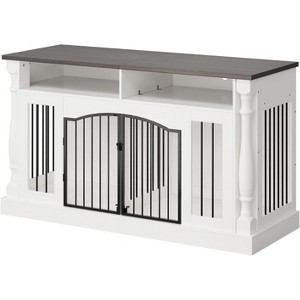 Double Dog Crate Furniture for 2 Dogs, 63 Inch Wooden TV Stand with Charging Station & Sliding Doors, Indoor Kennel - 1 of 4