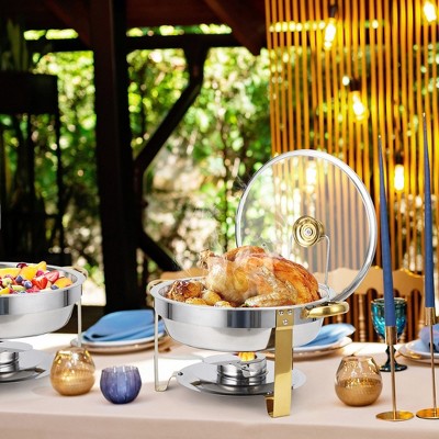 Gold Stainless Steel Round Chafing Dish Buffet Set with Glass Lid, 5QT, 2-Pack