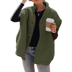 Imily Bela Womens Casual Button Down Fuzzy Fleece Vest - Oversized Warm Jacket with Pockets - 1 of 4