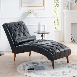 60.24" PU Upholstered Chaise Lounge with Rolling Pillow and Birch Gourd Legs - 1 of 4