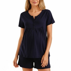 Anna-Kaci Lounge Women's 2-Piece Maternity Pajama Set with Short Sleeve Henley Top and Stretch Shorts - 1 of 4