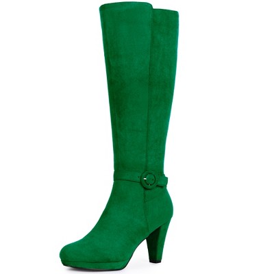 BLISSFUL STEP Low Platform Chunky Heels Buckle Knee High Boots for Women