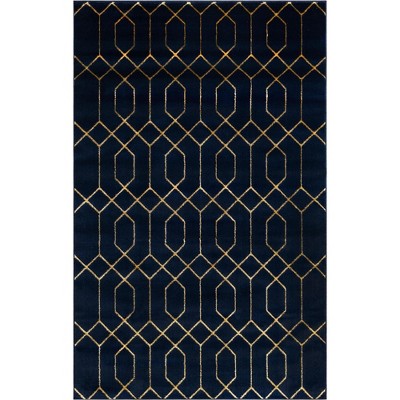 Navy Blue and Gold Trellis Rectangular Synthetic Area Rug