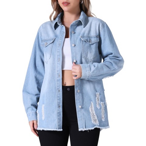 INSPIRE CHIC Women's Frayed Hem Long Sleeve Button Up Oversized Denim Jackets with Pockets Large Light Blue