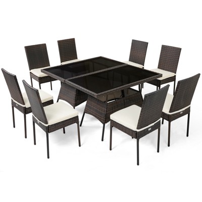 Tangkula 10 PCS Rattan Dining Set w/ Glass Table & High Back Chair Patio Mix Brown