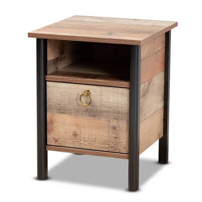 Vaughan Two-Tone Rustic and Wood Nightstand Oak Brown/Black - Baxton Studio