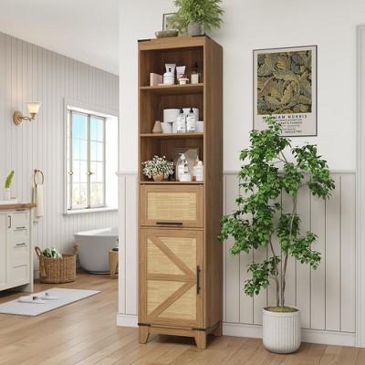 Rattan Storage Cabinet with Adjustable Shelves & Drawer, Tall Narrow Cabinet