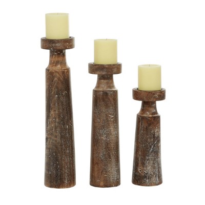 Set of 3 Rustic Cylindrical Mango Wood Candle Holders - Olivia & May