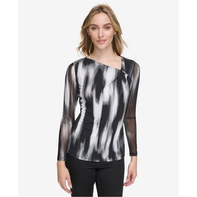 Calvin Klein Womens Printed Asymmetric Neck Tunic Blouse
