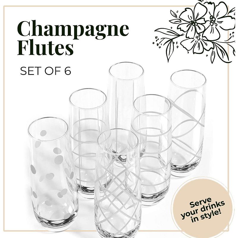 Fifth Avenue Crystal Medallion Stemless Champagne Flutes Set of 6, 9.5oz, Durable Cocktail Glasses Set, Prosecco Flute, Textured Etched Patterns, 2 of 8