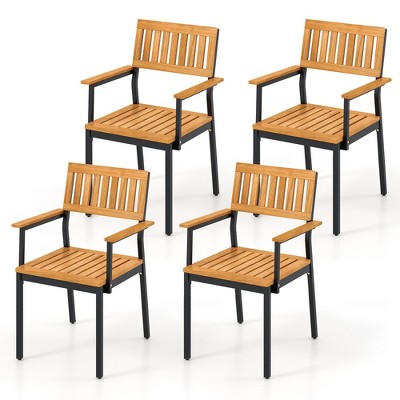 Tangkula Patio Dining Chair Set of 4 Outdoor Chairs w/Metal and Acacia Wood Frame Armrests All-Weather Bistro Chairs