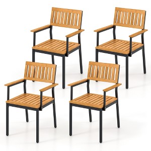 Tangkula Patio Dining Chair Set of 4 Outdoor Chairs w/Metal and Acacia Wood Frame Armrests All-Weather Bistro Chairs - 1 of 4