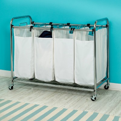 Chrome Quad Laundry Sorter with White Bags and Wheels