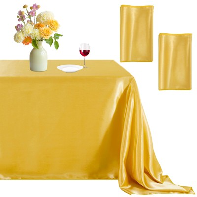 Wikineon Gold Satin Tablecloth Party Decoration 57x120inch 2 Pack Romantic Gold Party Tablecloth Rectangle Table Overlays for Wedding Ceremony