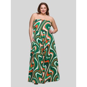 24seven Comfort Apparel Plus Size Green Print A Line Strapless Maxi Dress With Pockets - 1 of 4