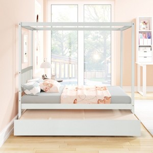 Whisen Full Size Canopy Bed with Twin Trundle, Kids Solid Wood Platform Bed Frame - 1 of 4