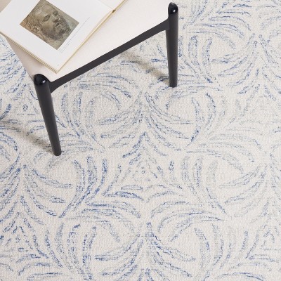 Ivory and Blue 6' x 6' Square Hand-Tufted Wool Silk Rug