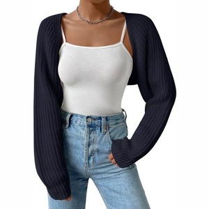 Coolmee Women's Open Front Ribbed Knit Crop Bolero Drop Shoulder Long Sleeve Loose Fit Knitted Crop Cardigan Shrug Dark Blue L - 1 of 4
