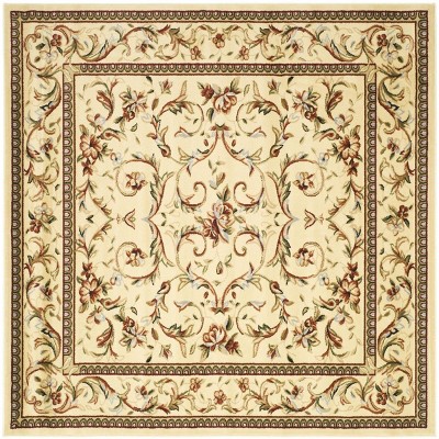 Ivory Floral Hand-Knotted Synthetic Square Rug, 8' x 8'