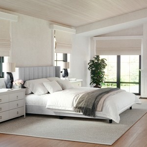 Martha Stewart Kay Upholstered Platform Bed w/ Channel Stitched Wingback Headboard and Cushioned Siderails, Wood Slat Foundation, No Box Spring Needed - 1 of 4