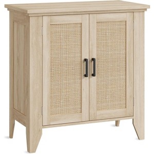 Rattan Buffet Cabinet, Small Storage with Doors and Shelves, Wooden Sideboard for Living Room, Dining Room, Kitchen, Natural Oak - 1 of 4