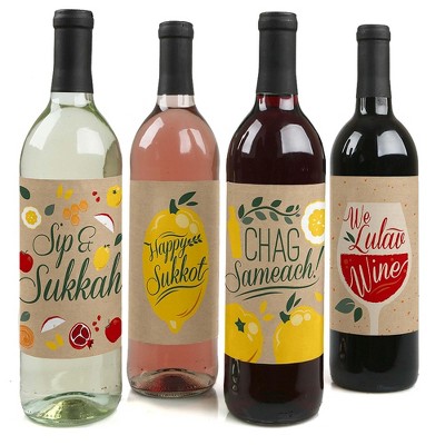 Big Dot of Happiness Sukkot - Sukkah Holiday Decorations for Women and Men - Wine Bottle Label Stickers - Set of 4