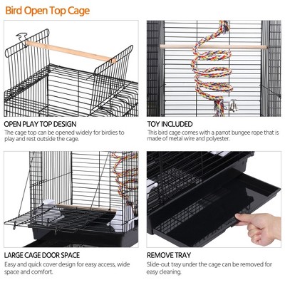 Black Steel Open Top Travel Bird Cage with Play Area