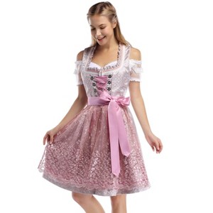 Women's Vintage 3 Piece Dress Set Floral Print Champagne Dress White Crop Top Pink Apron - 1 of 4