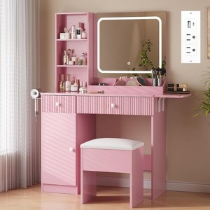 Vanity Desk with Mirror LED Lights, Power Outlet Makeup Vanity Table with Drawers and Storage Shelves Dressing Table - 1 of 4