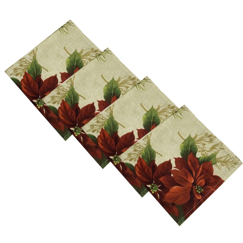 Festive Poinsettia Holiday Fabric Napkins - Set of 4 - 17" x 17" - Multi - Elrene Home Fashions, 1 of 5