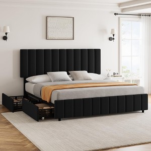 Whizmax Upholstered Bed Frame with 4 Storage Drawers and Adjustable Headboard, Mattress Foundation with Wooden Slats Support, No Box Spring Required - 1 of 4
