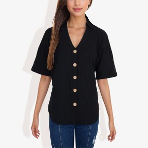 Anna-Kaci Women's Short Sleeve Button Down Shirt with V-Neckline Relaxed Fit - 1 of 4