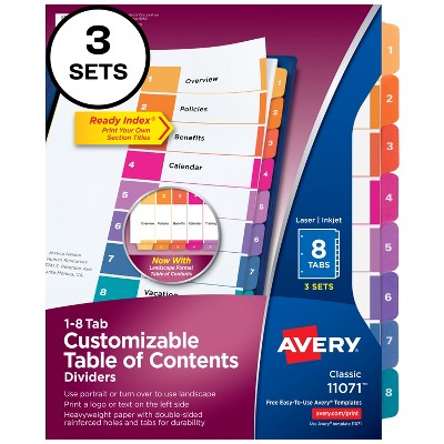 Avery Dividers for 3 Ring Binders, 8 Tabs per Set, Customizable Table of Contents, Multicolor Tabs (3 Sets of 11071)