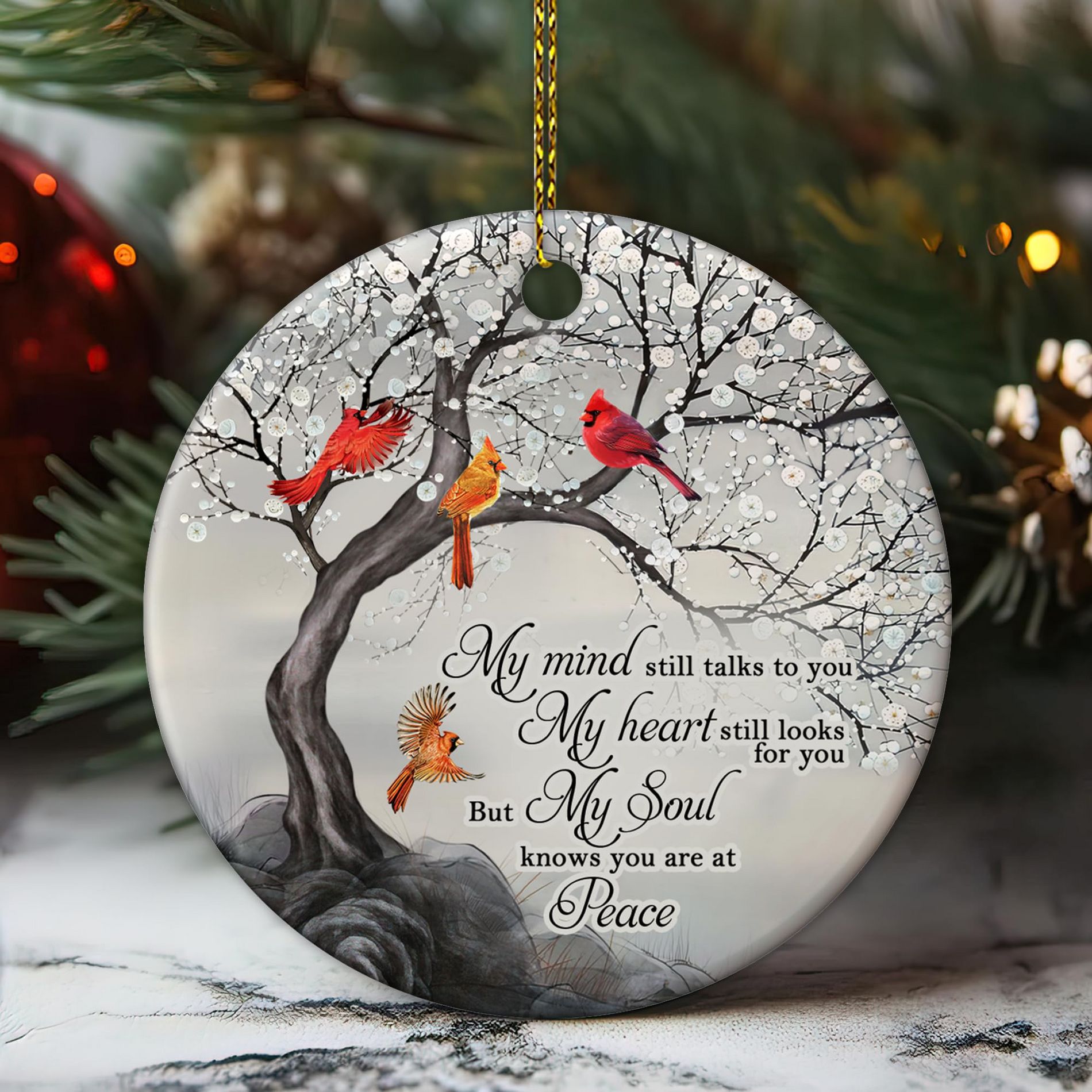 My Mind Still Talks to You Cardinal Circle Ceramic Ornament - Memorial Christmas Ornament Gifts for Loss of Loved One in Heaven