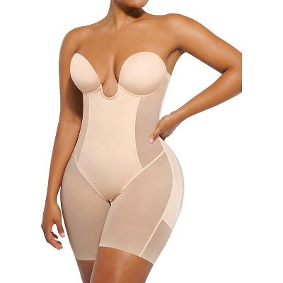 SHAPELLX Strapless Shapewear for Women Deep Plunge Corset Tummy Control Backless Bodysuit Mid Thigh Full Body Shaper—Beige 38