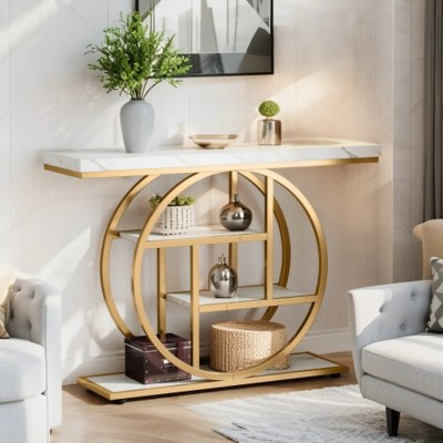 Syemin Console Tables Industrial Console Table, 4-Tier Sofa Entryway Table with Circle Base, Modern Narrow Accent Table, Brown, 41.34"*11.81"*31.5"