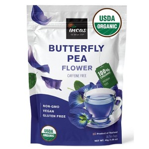 Incas 100% USDA Organic Butterfly Pea Flower 30 Tea Bags Non GMO Verified Caffeine Free Fresh Harvest From Thailand Rich in Antioxidants - 1 of 3