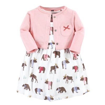 Hudson Baby Baby Girls Cotton Dress and Cardigan Set, Pink Moose Bear