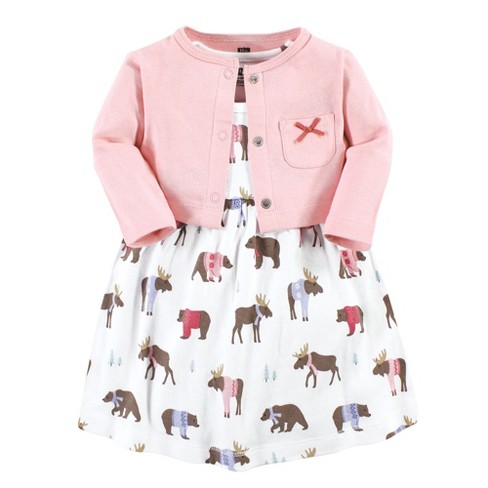 Hudson Baby Baby Girls Cotton Dress And Cardigan Set Pink Moose